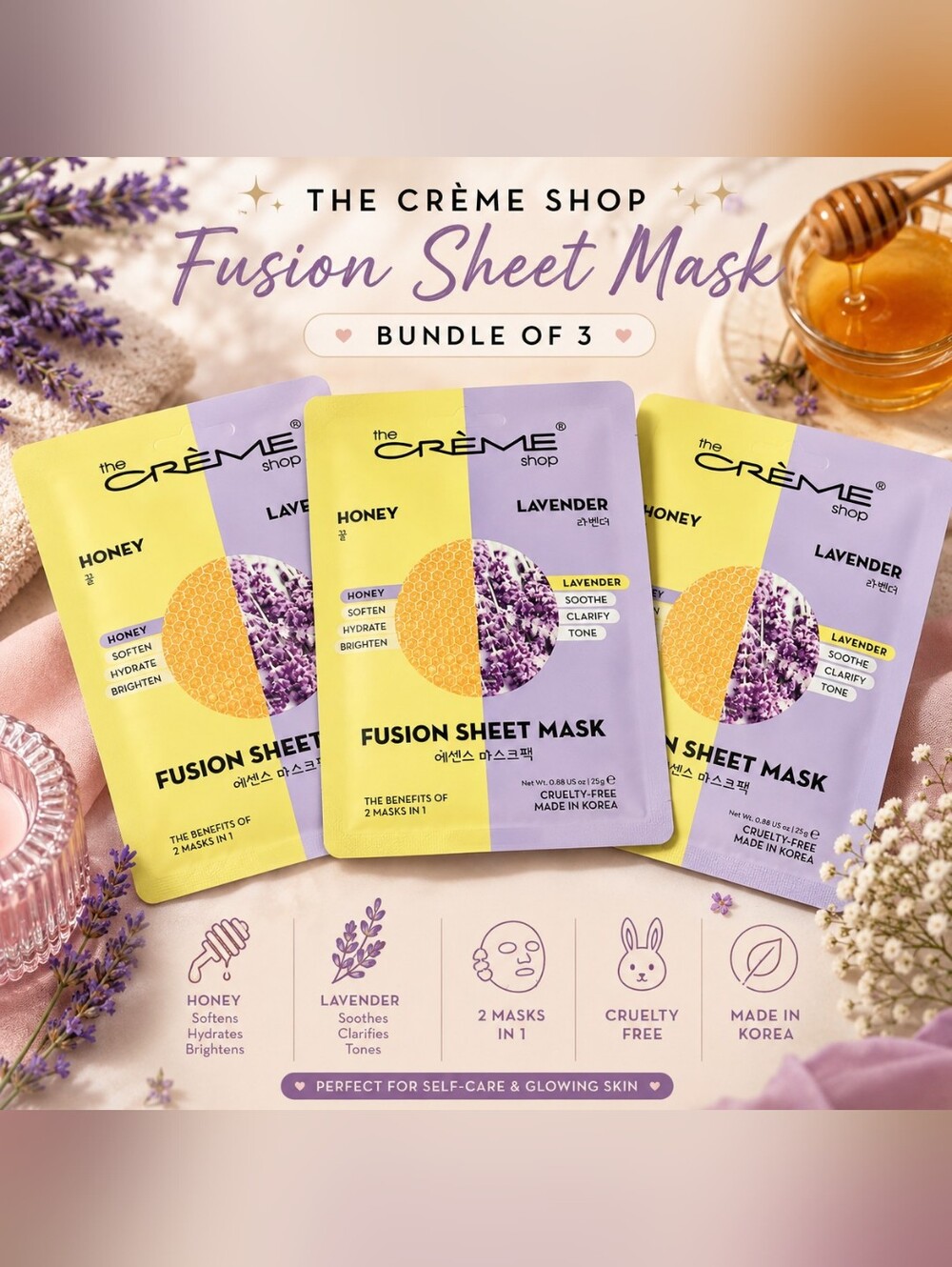 ✨️Fusion Sheet Mask Bundle of 3 – Lavender & Honey (Yellow, Lavender)